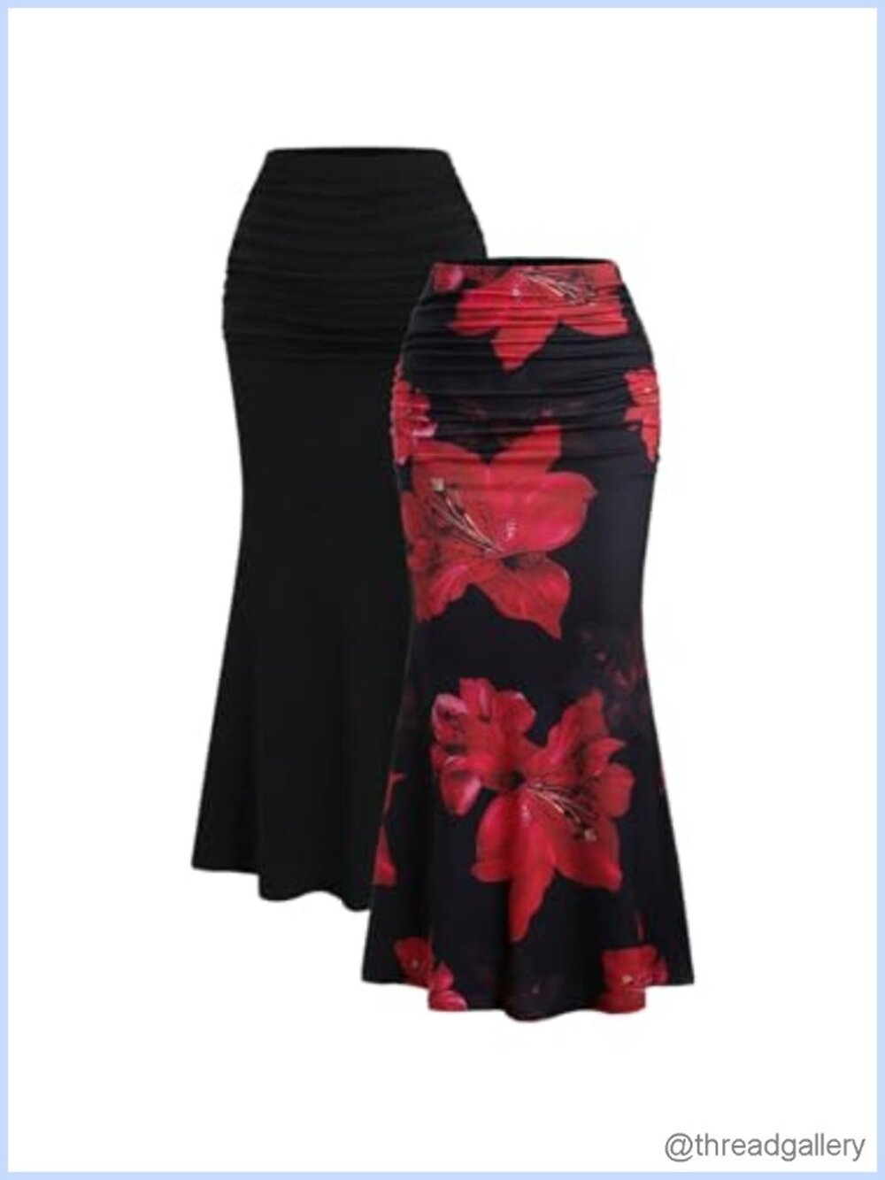 Women's 2 Pack Fishtail Bodycon Skirt Ruched Floral High Rise Long